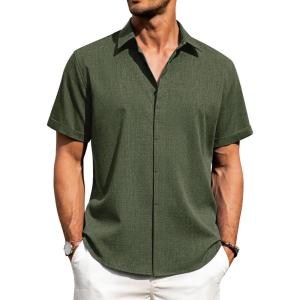 imageJVER Mens Cotton Linen Short Sleeve Shirts Casual Button Down Shirt for Men Beach Summer Vacation Wedding TopsArmy Green