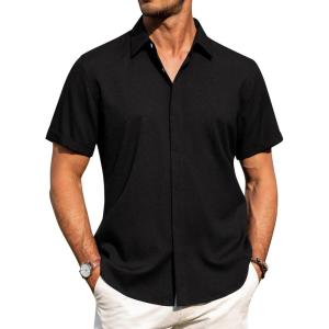 imageJVER Mens Cotton Linen Short Sleeve Shirts Casual Button Down Shirt for Men Beach Summer Vacation Wedding TopsBlack