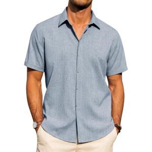 imageJVER Mens Cotton Linen Short Sleeve Shirts Casual Button Down Shirt for Men Beach Summer Vacation Wedding TopsBlue