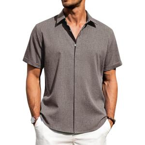 imageJVER Mens Cotton Linen Short Sleeve Shirts Casual Button Down Shirt for Men Beach Summer Vacation Wedding TopsBrown