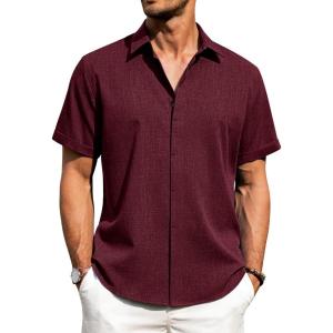 imageJVER Mens Cotton Linen Short Sleeve Shirts Casual Button Down Shirt for Men Beach Summer Vacation Wedding TopsBurgundy