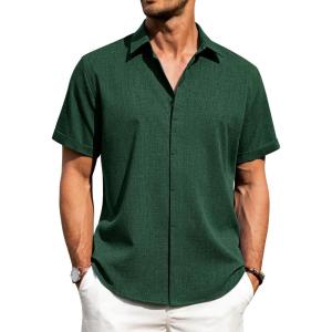 imageJVER Mens Cotton Linen Short Sleeve Shirts Casual Button Down Shirt for Men Beach Summer Vacation Wedding TopsDark Green