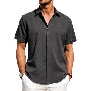 imageJVER Mens Cotton Linen Short Sleeve Shirts Casual Button Down Shirt for Men Beach Summer Vacation Wedding TopsDark Grey