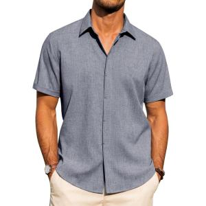 imageJVER Mens Cotton Linen Short Sleeve Shirts Casual Button Down Shirt for Men Beach Summer Vacation Wedding TopsDenim Blue