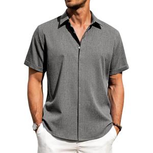 imageJVER Mens Cotton Linen Short Sleeve Shirts Casual Button Down Shirt for Men Beach Summer Vacation Wedding TopsGrey