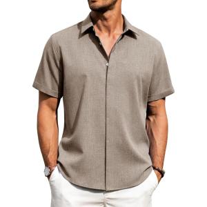 imageJVER Mens Cotton Linen Short Sleeve Shirts Casual Button Down Shirt for Men Beach Summer Vacation Wedding TopsKhaki