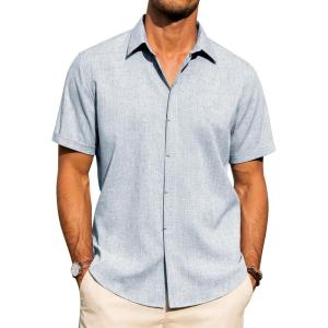 imageJVER Mens Cotton Linen Short Sleeve Shirts Casual Button Down Shirt for Men Beach Summer Vacation Wedding TopsLight Blue