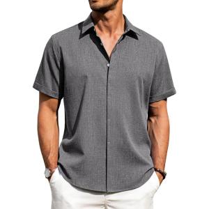 imageJVER Mens Cotton Linen Short Sleeve Shirts Casual Button Down Shirt for Men Beach Summer Vacation Wedding TopsLight Grey