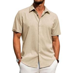 imageJVER Mens Cotton Linen Short Sleeve Shirts Casual Button Down Shirt for Men Beach Summer Vacation Wedding TopsLight Khaki