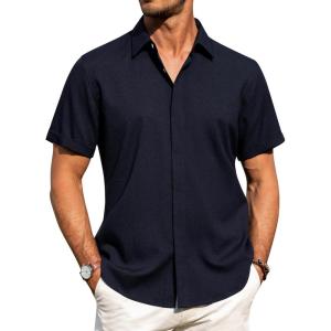 imageJVER Mens Cotton Linen Short Sleeve Shirts Casual Button Down Shirt for Men Beach Summer Vacation Wedding TopsNavy