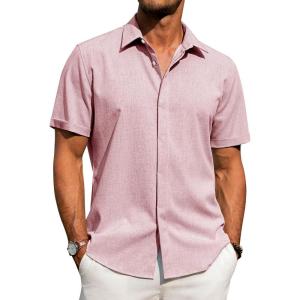 imageJVER Mens Cotton Linen Short Sleeve Shirts Casual Button Down Shirt for Men Beach Summer Vacation Wedding TopsPink