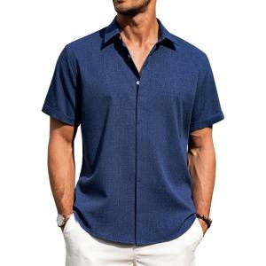 imageJVER Mens Cotton Linen Short Sleeve Shirts Casual Button Down Shirt for Men Beach Summer Vacation Wedding TopsRoyal Blue