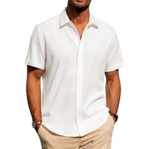 imageJVER Mens Cotton Linen Short Sleeve Shirts Casual Button Down Shirt for Men Beach Summer Vacation Wedding TopsWhite