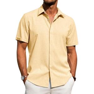 imageJVER Mens Cotton Linen Short Sleeve Shirts Casual Button Down Shirt for Men Beach Summer Vacation Wedding TopsYellow