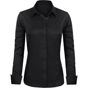 imageJVER Womens Dress Shirts Long Sleeve Button Down Shirts WrinkleFree Solid Work BlouseBlack