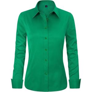 imageJVER Womens Dress Shirts Long Sleeve Button Down Shirts WrinkleFree Solid Work BlouseDark Green