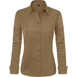 imageJVER Womens Dress Shirts Long Sleeve Button Down Shirts WrinkleFree Solid Work BlouseDark Khaki