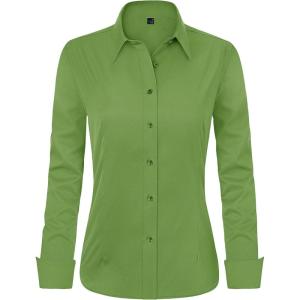 imageJVER Womens Dress Shirts Long Sleeve Button Down Shirts WrinkleFree Solid Work BlouseForest Green