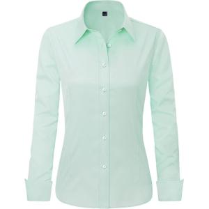 imageJVER Womens Dress Shirts Long Sleeve Button Down Shirts WrinkleFree Solid Work BlouseGreen
