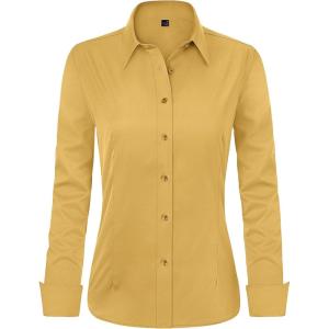 imageJVER Womens Dress Shirts Long Sleeve Button Down Shirts WrinkleFree Solid Work BlouseLemon Yellow