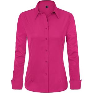 imageJVER Womens Dress Shirts Long Sleeve Button Down Shirts WrinkleFree Solid Work BlouseRose Red