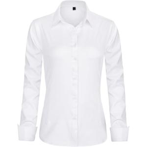imageJVER Womens Dress Shirts Long Sleeve Button Down Shirts WrinkleFree Solid Work BlouseWhite