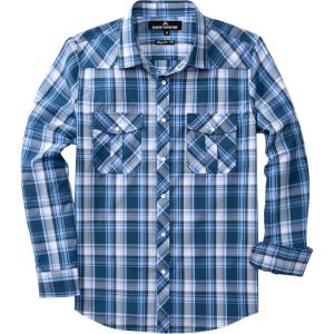 imageMens Plaid Pearl Snap Button Shirts Casual Long Sleeve Checked Shirt Western Cowboy Shirts with Two Pockets for WorkBlue