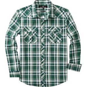 imageMens Plaid Pearl Snap Button Shirts Casual Long Sleeve Checked Shirt Western Cowboy Shirts with Two Pockets for WorkGreen
