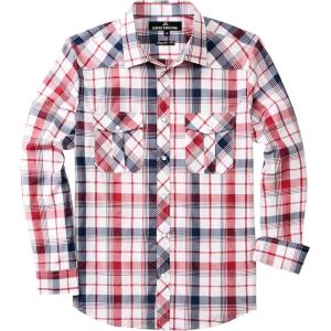 imageMens Plaid Pearl Snap Button Shirts Casual Long Sleeve Checked Shirt Western Cowboy Shirts with Two Pockets for WorkRed White