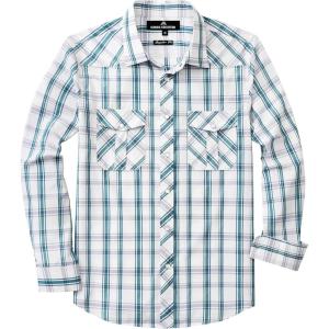 imageMens Plaid Pearl Snap Button Shirts Casual Long Sleeve Checked Shirt Western Cowboy Shirts with Two Pockets for WorkWhite