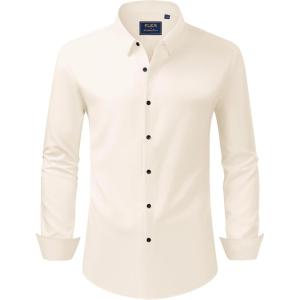 imageJVER Mens Dress Shirts Stretch Long Sleeve Formal Shirt Solid Business Casual Button Down Shirts for Wedding PromBeige