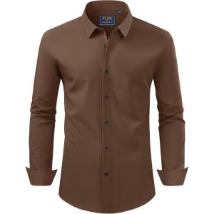 imageJVER Mens Dress Shirts Stretch Long Sleeve Formal Shirt Solid Business Casual Button Down Shirts for Wedding PromBrown