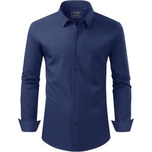 imageJVER Mens Dress Shirts Stretch Long Sleeve Formal Shirt Solid Business Casual Button Down Shirts for Wedding PromNavy Blue