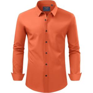 imageJVER Mens Dress Shirts Stretch Long Sleeve Formal Shirt Solid Business Casual Button Down Shirts for Wedding PromOrange