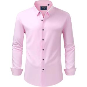 imageJVER Mens Dress Shirts Stretch Long Sleeve Formal Shirt Solid Business Casual Button Down Shirts for Wedding PromPink