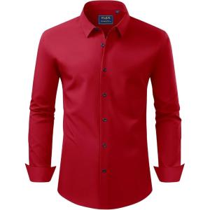 imageJVER Mens Dress Shirts Stretch Long Sleeve Formal Shirt Solid Business Casual Button Down Shirts for Wedding PromRed