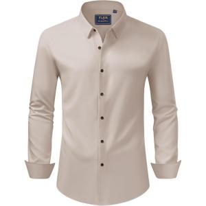 imageJVER Mens Dress Shirts Stretch Long Sleeve Formal Shirt Solid Business Casual Button Down Shirts for Wedding PromTan