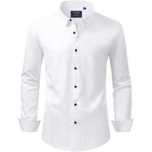 imageJVER Mens Dress Shirts Stretch Long Sleeve Formal Shirt Solid Business Casual Button Down Shirts for Wedding PromWhite