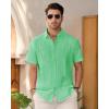 imageMens Linen Shirts Short Sleeve Button Down Shirt Casual Cuban Guayabera Lightweight Summer Beach Solid TopsBright Green