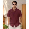 imageMens Linen Shirts Short Sleeve Button Down Shirt Casual Cuban Guayabera Lightweight Summer Beach Solid TopsBurgundy