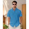 imageMens Linen Shirts Short Sleeve Button Down Shirt Casual Cuban Guayabera Lightweight Summer Beach Solid TopsCobalt Blue