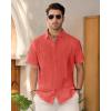 imageMens Linen Shirts Short Sleeve Button Down Shirt Casual Cuban Guayabera Lightweight Summer Beach Solid TopsCoral