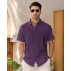 imageMens Linen Shirts Short Sleeve Button Down Shirt Casual Cuban Guayabera Lightweight Summer Beach Solid TopsDark Purple