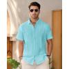 imageMens Linen Shirts Short Sleeve Button Down Shirt Casual Cuban Guayabera Lightweight Summer Beach Solid TopsFluorescent Blue