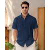 imageMens Linen Shirts Short Sleeve Button Down Shirt Casual Cuban Guayabera Lightweight Summer Beach Solid TopsNavy Blue