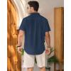 imageMens Linen Shirts Short Sleeve Button Down Shirt Casual Cuban Guayabera Lightweight Summer Beach Solid TopsNavy Blue