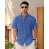 imageMens Linen Shirts Short Sleeve Button Down Shirt Casual Cuban Guayabera Lightweight Summer Beach Solid TopsRoyal Blue