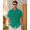 imageMens Linen Shirts Short Sleeve Button Down Shirt Casual Cuban Guayabera Lightweight Summer Beach Solid TopsTeal