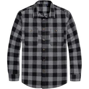 imageJVER Mens Flannel Plaid Shirts Long Sleeve Regular Fit Casual Button Down Checkered Buffalo Plaid Shirt for Fall WinterBlack Grey