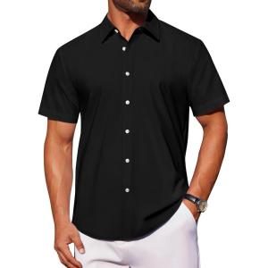 imageJVER Mens Short Sleeve Button Down Shirt Stretch Business Casual Dress Shirts Solid Summer Wedding Prom TopsBlack